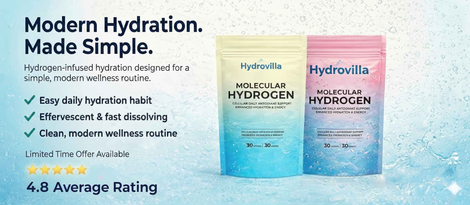 Hydrovilla Molecular Hydrogen packaging with product details on a light blue background