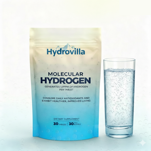 Hydrovilla Molecular Hydrogen is a dietary supplement with effervescent tablets that generate up to 12 ppm of molecular hydrogen when dissolved in water, designed for daily antioxidant and wellness support.